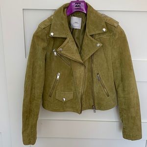 Mango Genuine Suede Leather Olive Green Biker Jacket US Size XS